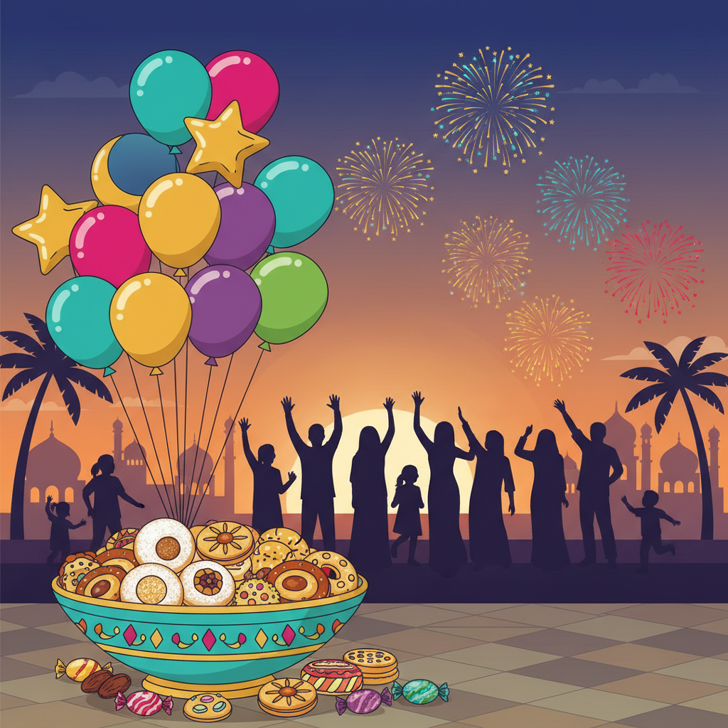 Eid celebration, colorful balloons, bowl of sweets and cookies (Maamoul), fireworks in distance, cheerful atmosphere, vector illustration