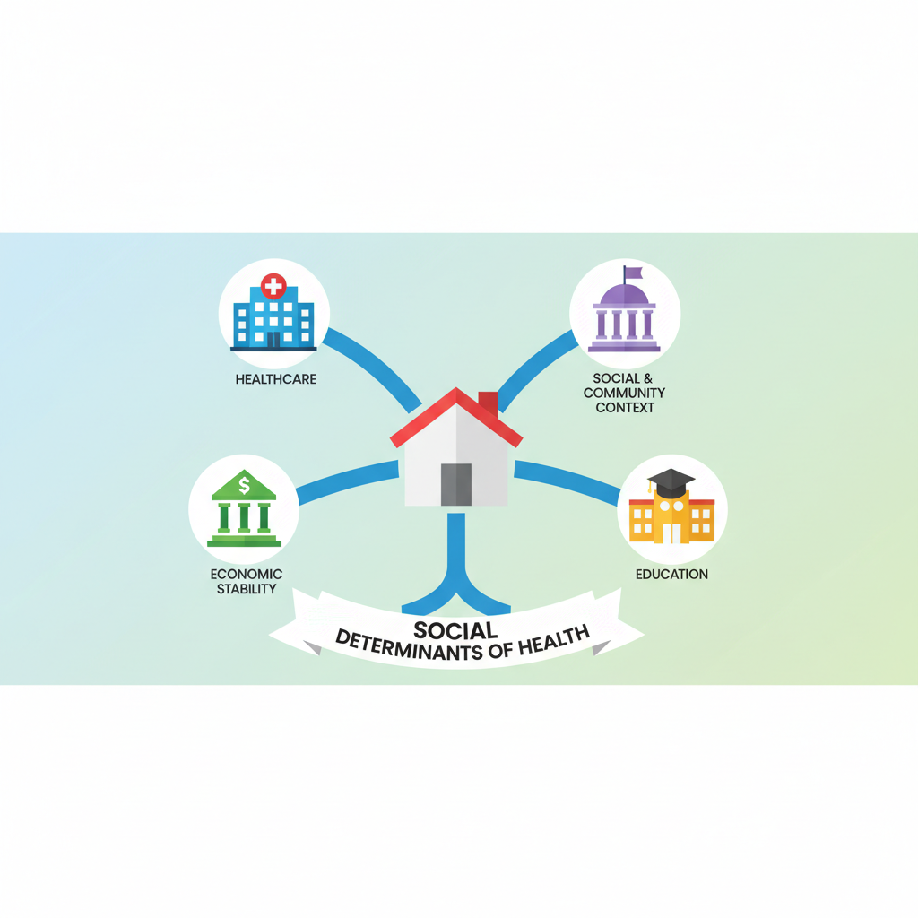 An infographic style illustration showing a house in the center connected to icons of a hospital, a bank, a school, and government building, symbolizing social determinants of health, clean vector style