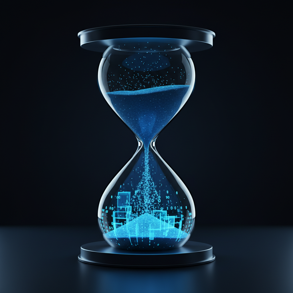 Hourglass with digital sand turning into binary code, sleek minimalist style, dark background, blue lighting