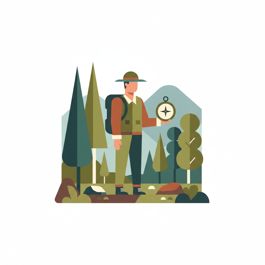 minimalist illustration of an explorer in a forest holding a compass, vintage adventure vibe, flat vector style