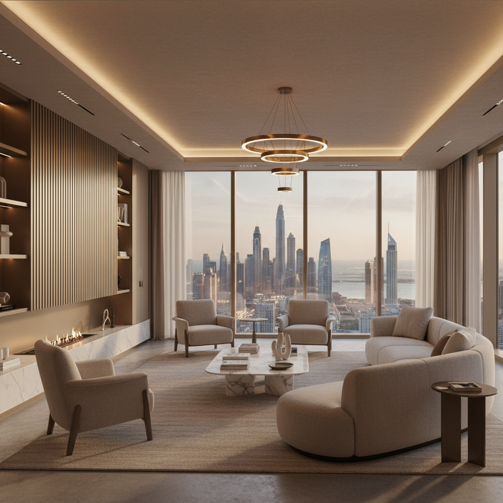 Luxury modern Dubai penthouse living room, italian designer furniture, warm evening lighting, cinematic wide shot, architectural details, monochromatic warm tones