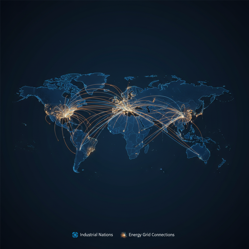 map of the world highlighting industrial nations with glowing connection lines representing energy grids
