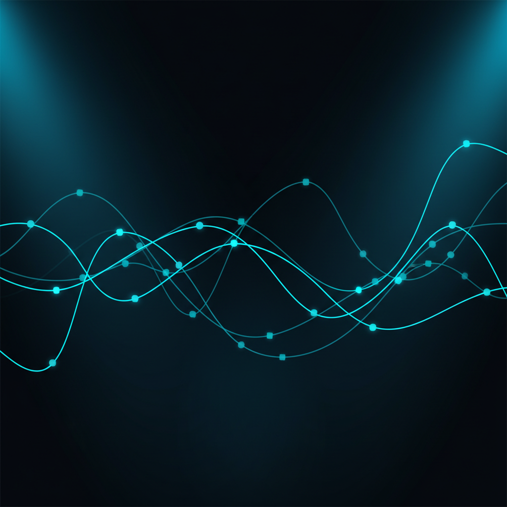 minimalist abstract dark background, digital network nodes connecting in the dark, cyan neon lines, cinematic lighting, 8k