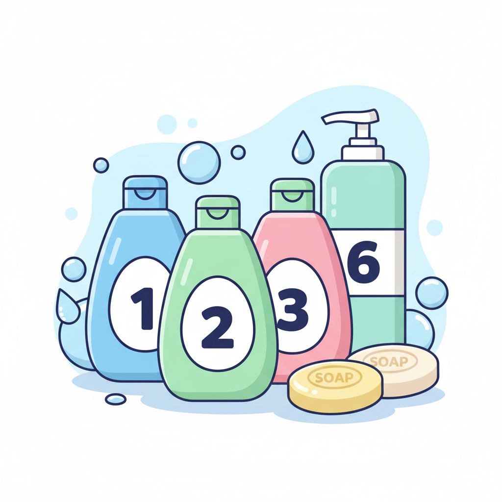 cartoon illustration of bathroom products like shampoo bottles and soap with visible numbers on labels