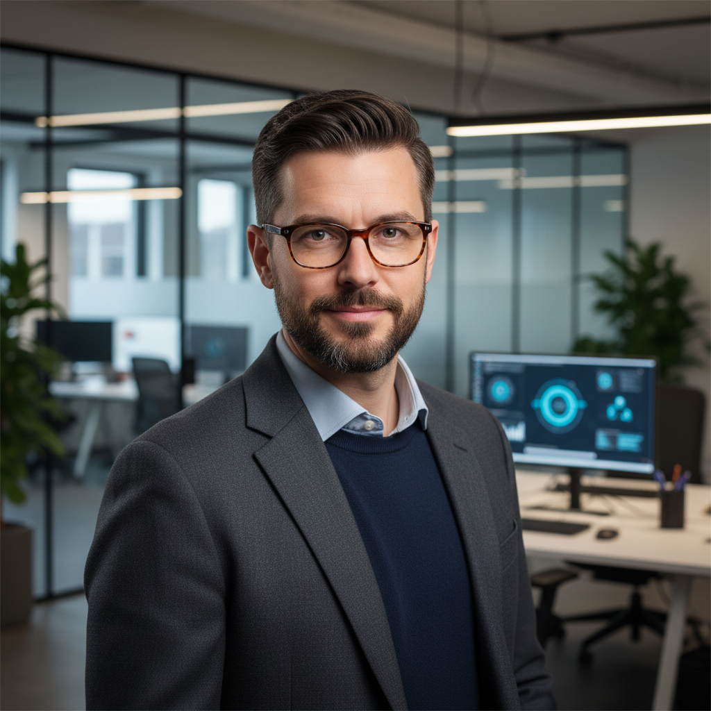 professional headshot of a male CTO, glasses, smart casual, modern tech workspace background
