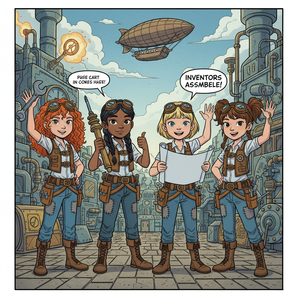 Four young cartoon girl inventors wearing steampunk goggles and holding tools, waving, comic book style, full color