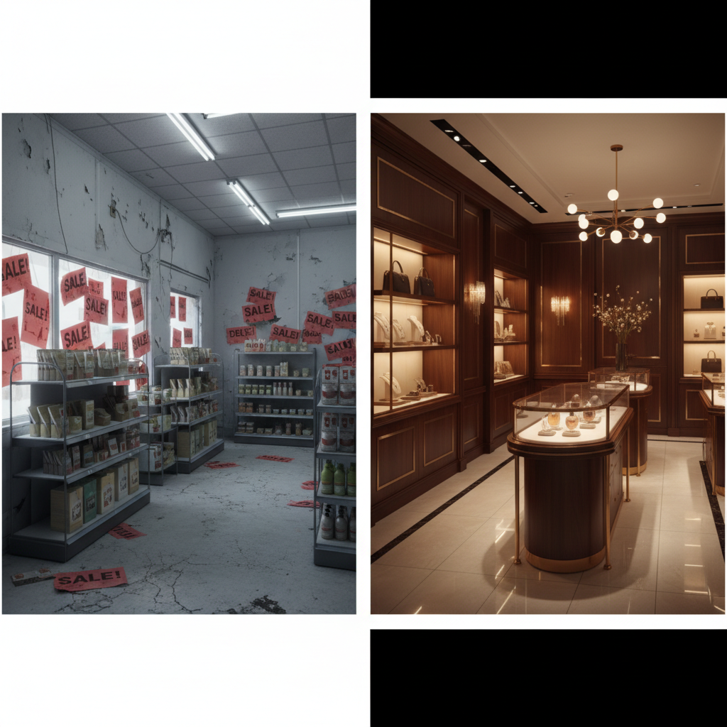 Split screen comparison. Left side: drab grey store with cheap red sale flyers. Right side: lush, vibrant, premium store display with gold lighting and no signs. High contrast between cheap vs premium.