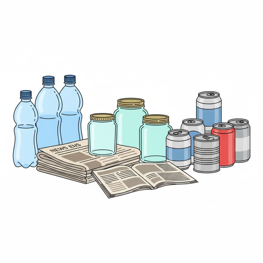 Cartoon illustration of clean plastic bottles, newspapers, glass jars, and metal cans arranged neatly, vector style, white background