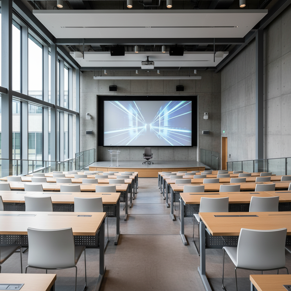 Soft aesthetic empty university lecture hall, pastel colors, symmetrical, wes anderson style, cute