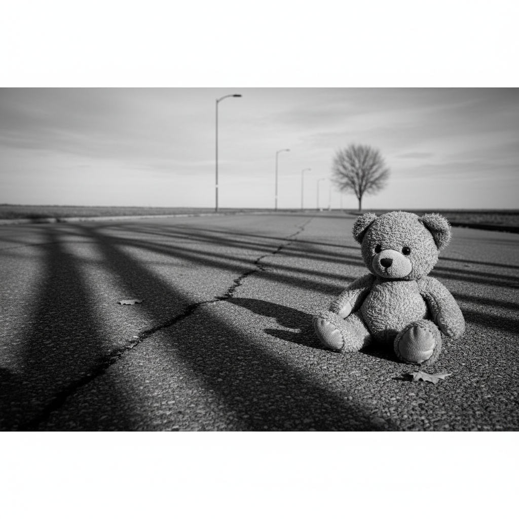 A solitary teddy bear left on an empty street, dramatic shadows, black and white photography style, evocative of loss