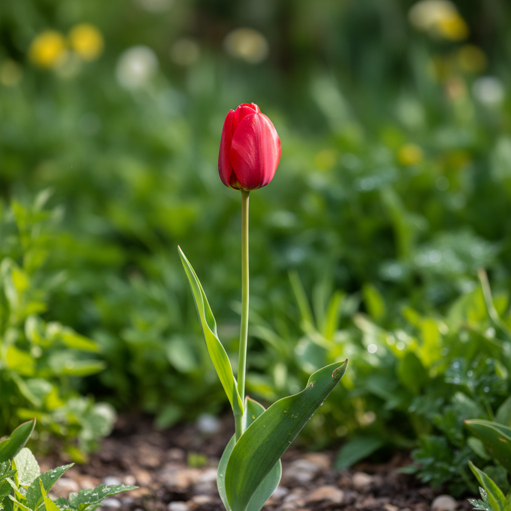 Single red tulip flower standing tall in a green garden, strong depth of field, symbol of growth and excellence