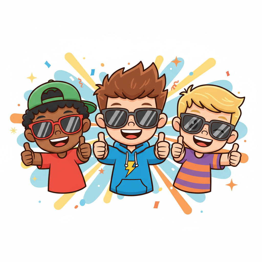 three cool cartoon boys wearing sunglasses giving a thumbs up, happy vibes, vector illustration style