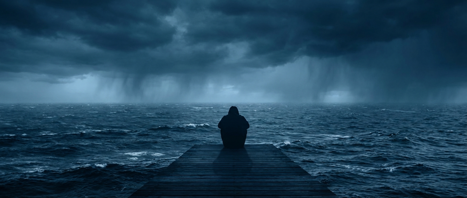 Silhouette of person sitting alone on a dock looking at a stormy ocean, moody, dark blue art style