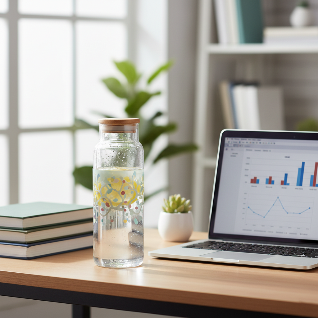 Close up of a reusable water bottle on a study desk with books and a laptop, bright natural light, healthy lifestyle vibe, high quality photography