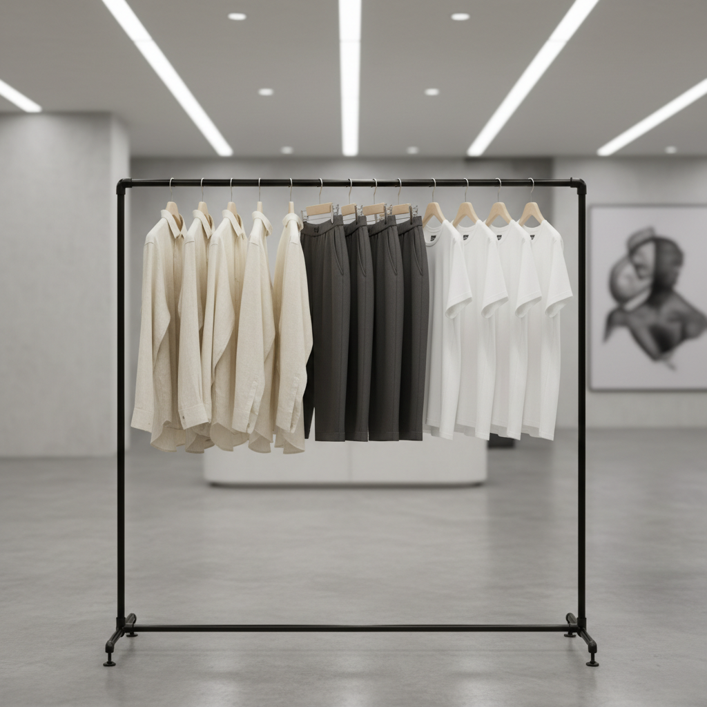 Minimalist clothing rack with exactly 15 items hanging, sleek modern boutique lighting, cinematic shot