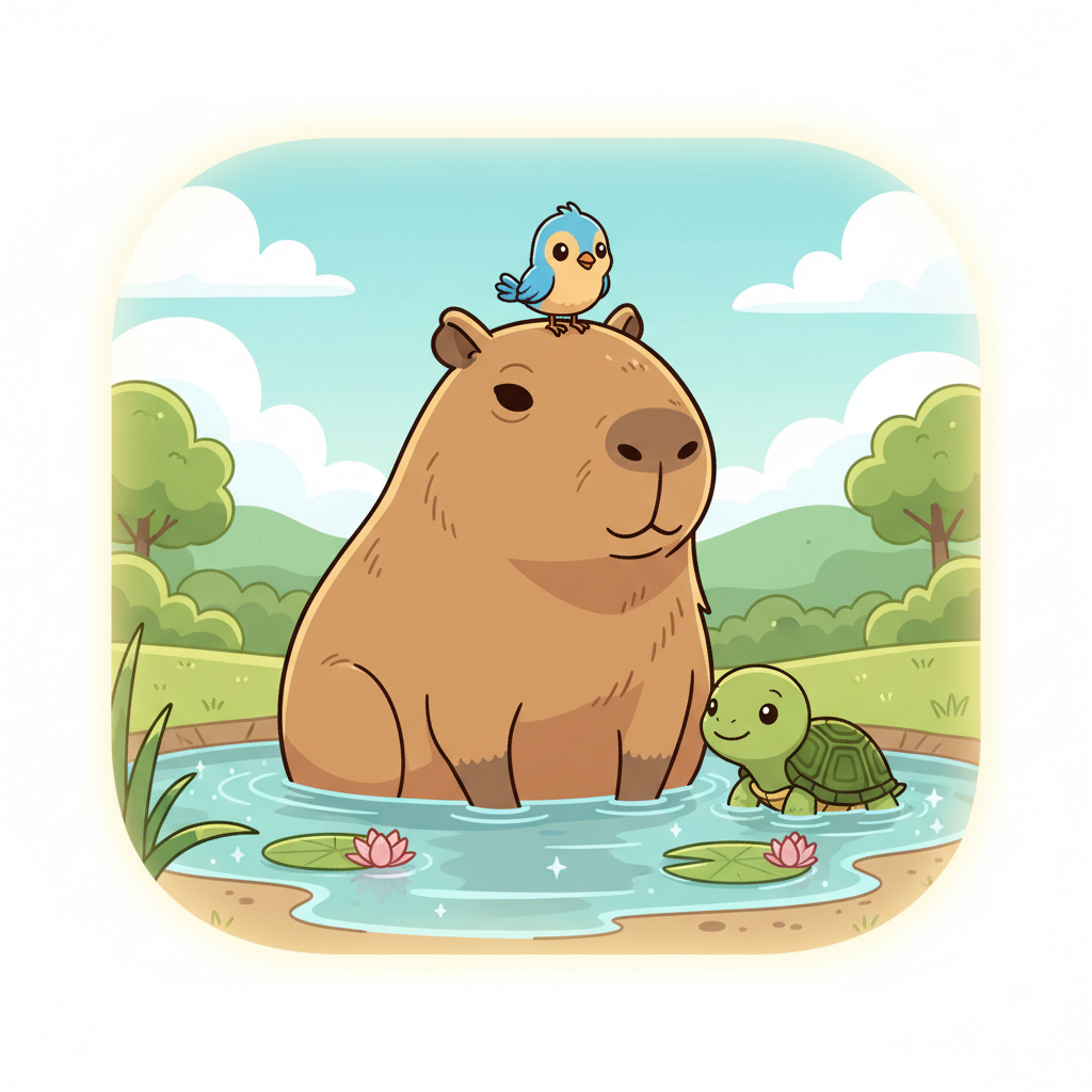 Capybara with a small bird sitting on its head and a turtle next to it, cartoon style, peaceful