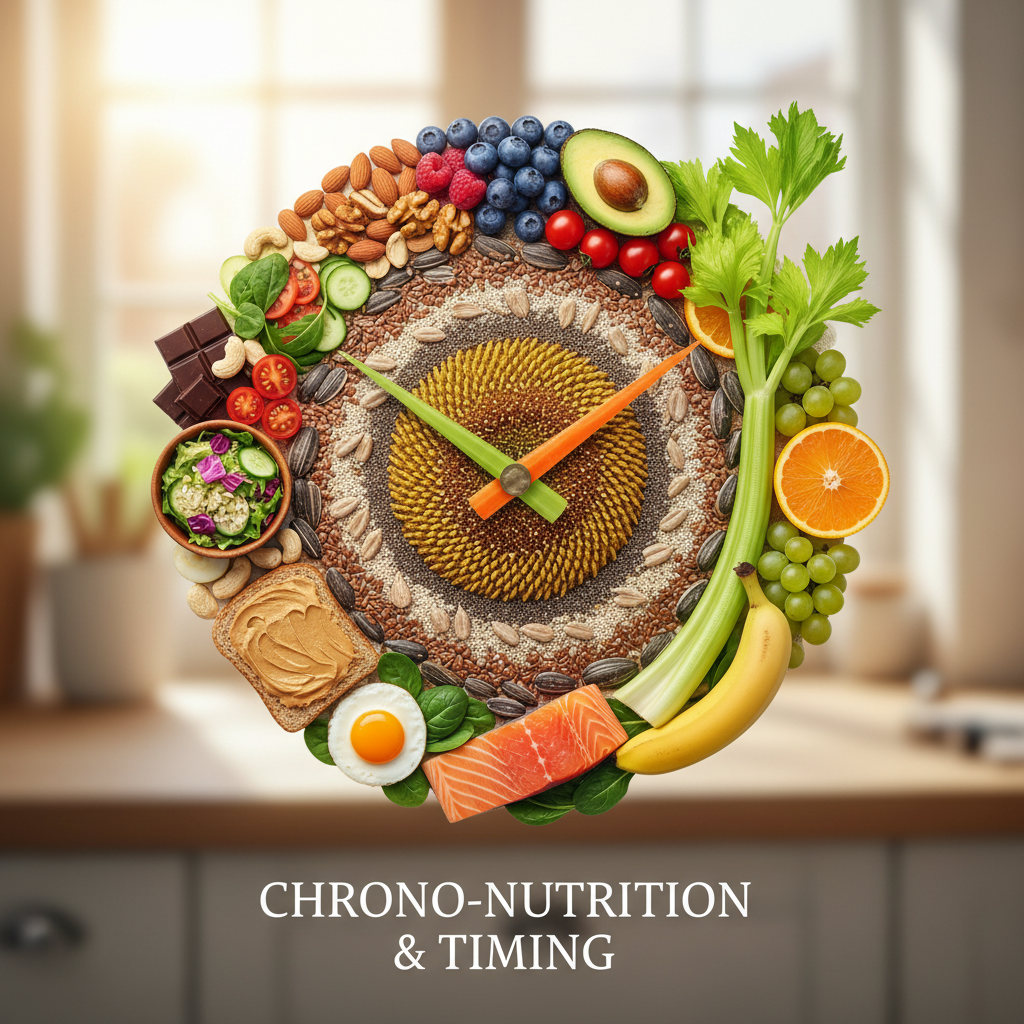 An artistic composition of a clock face made of healthy food items like fruits and nuts, summarizing the concept of chrono-nutrition and timing, bright colors