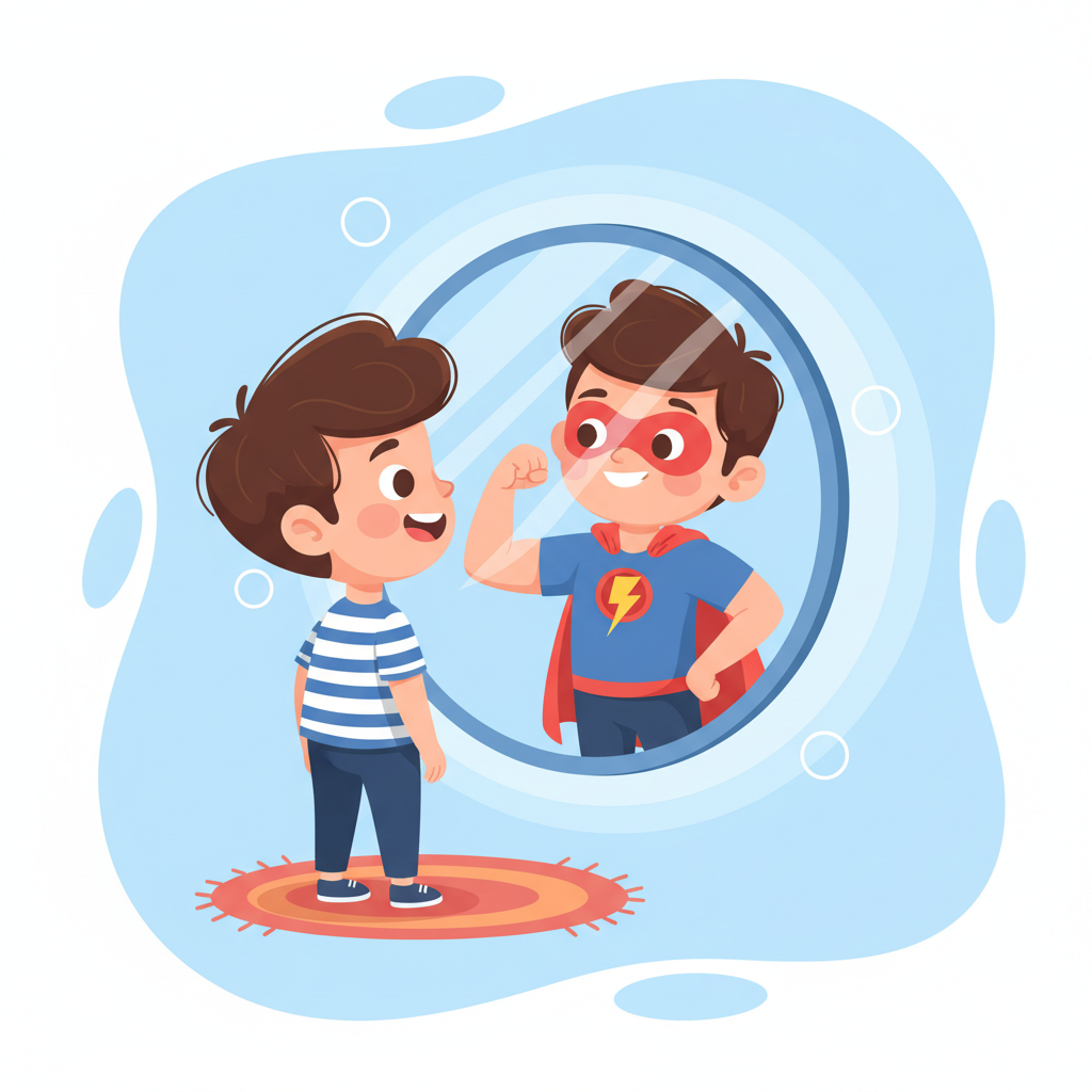 Cute cartoon child looking in a mirror with a superhero cape reflection, vector illustration, confidence theme