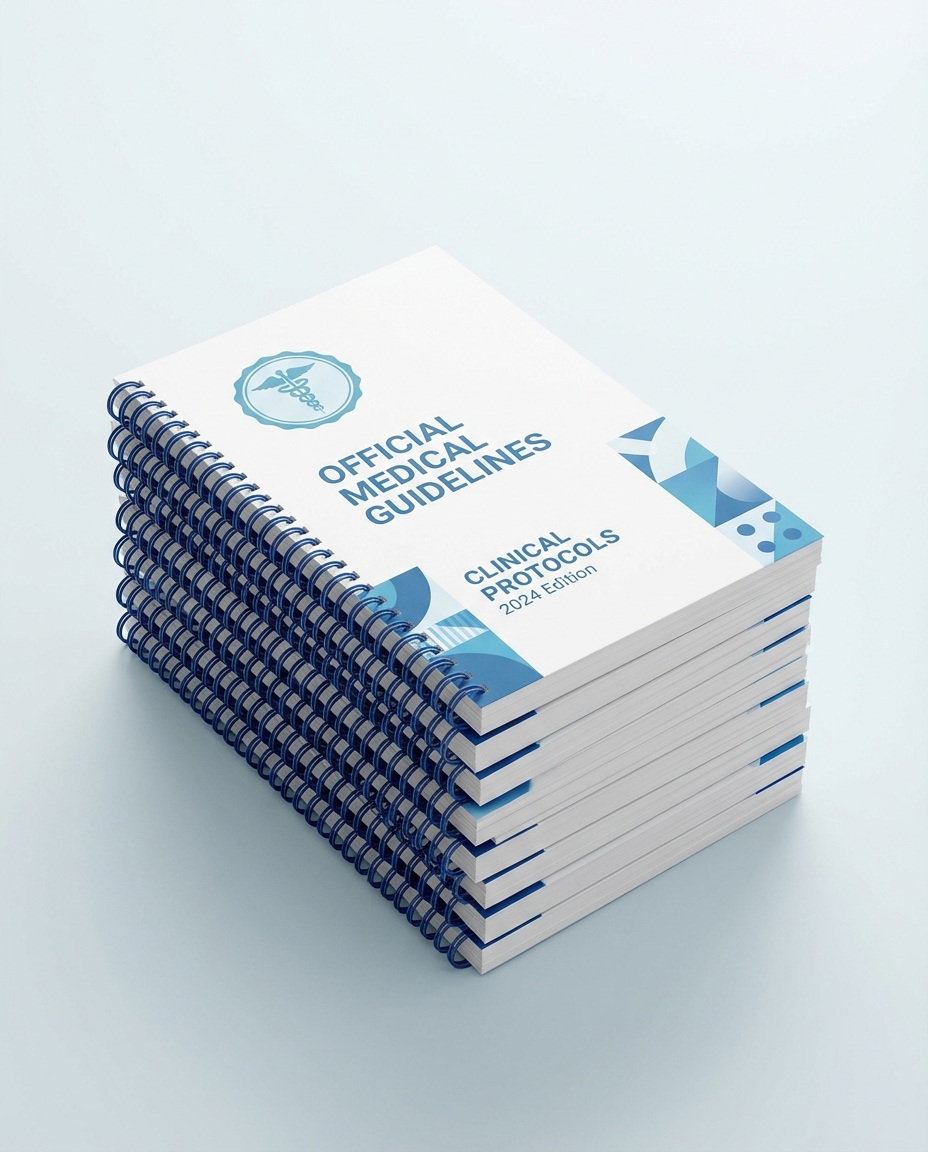 Official medical guideline document stack, clean minimal style, blue and white theme