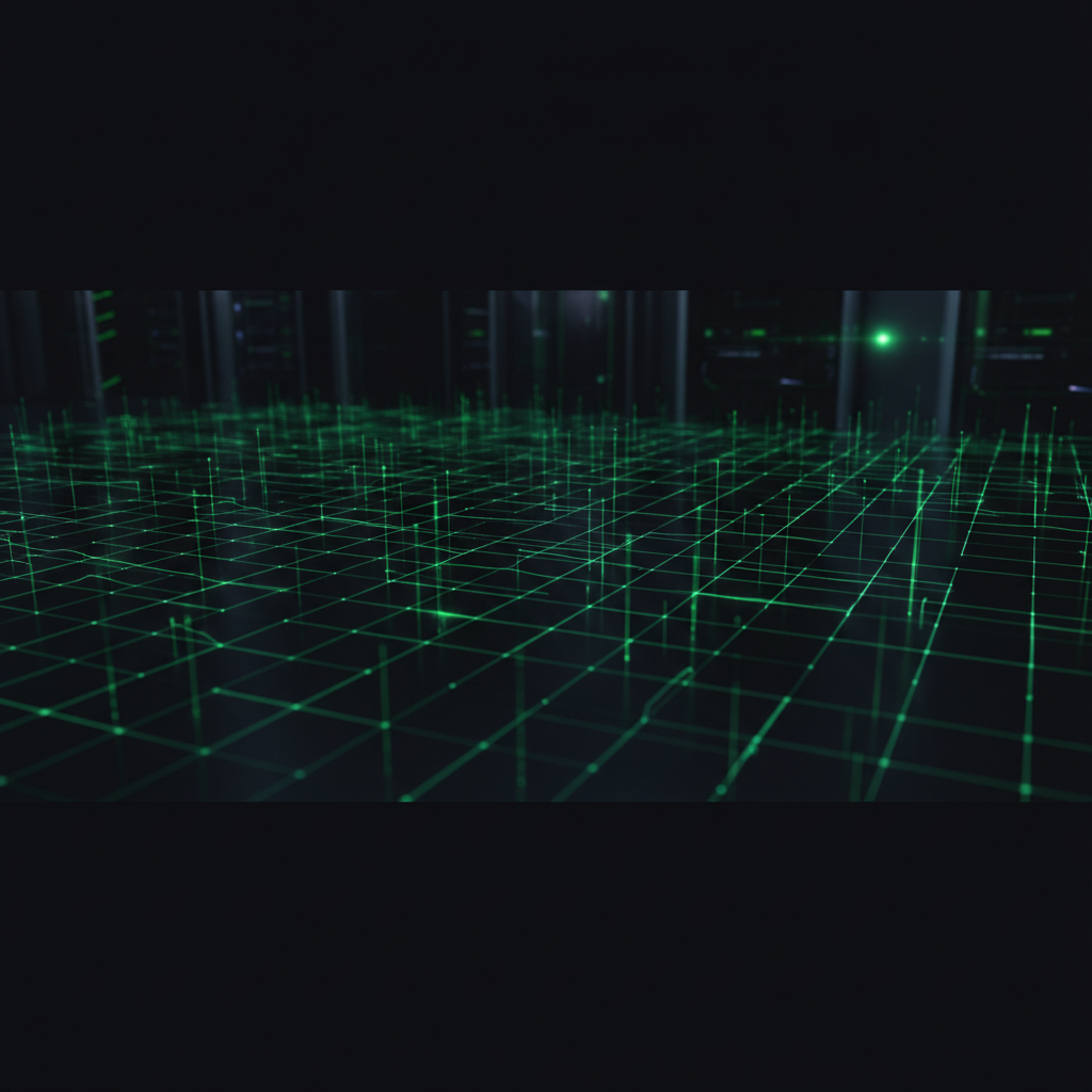 abstract dark digital network background with pulsing green data lines, minimalist data center aesthetic, 8k resolution, dark theme