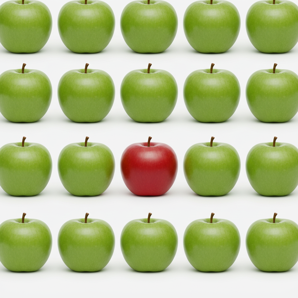Concept art of 'odd one out', a red apple among green apples, minimalist style