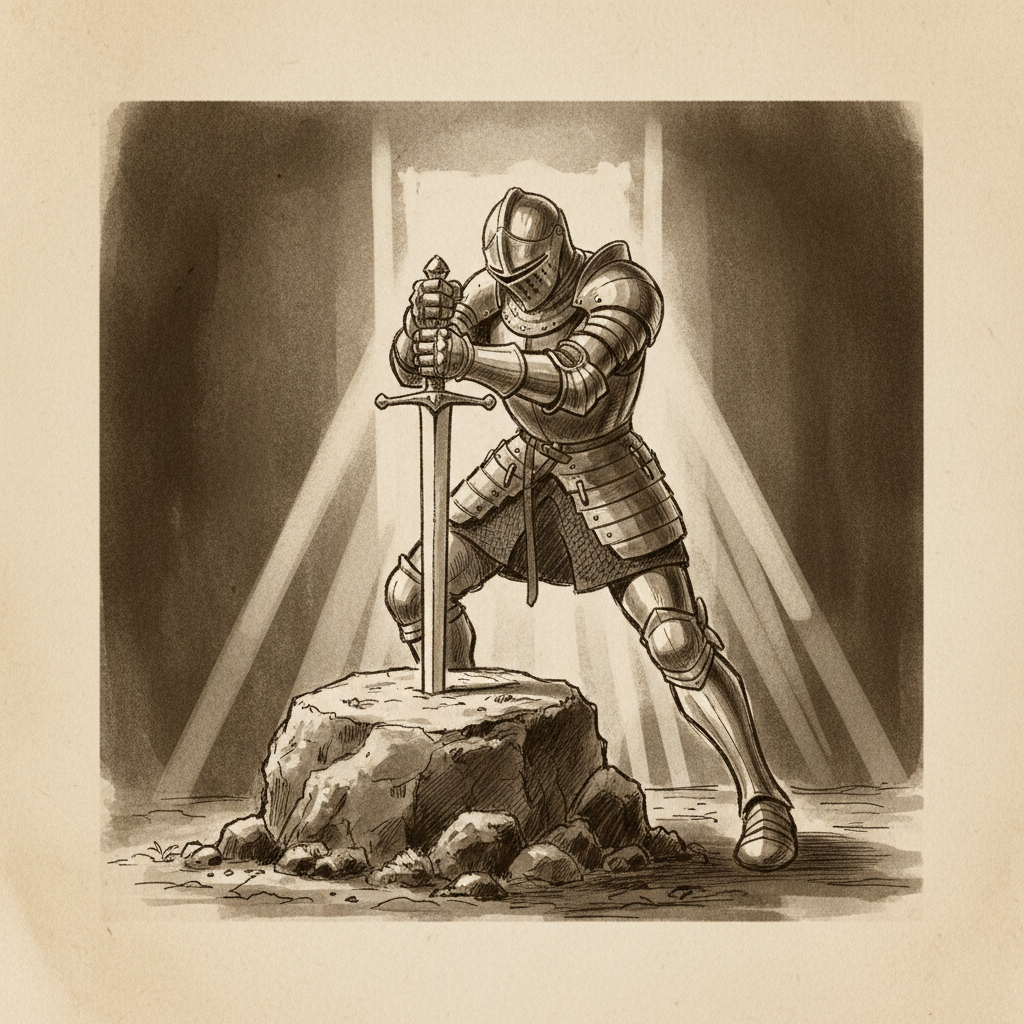 illustration of medieval knight pulling sword from stone, sketch style on old paper, dramatic lighting, sepia tones