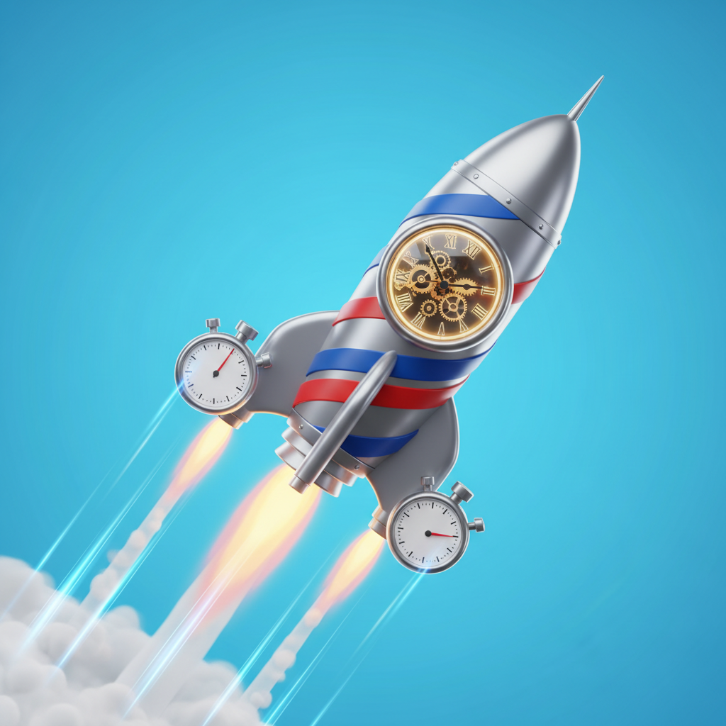 3D illustration of a rocket ship with a clock face taking off, representing speed and efficiency, bright cyan background