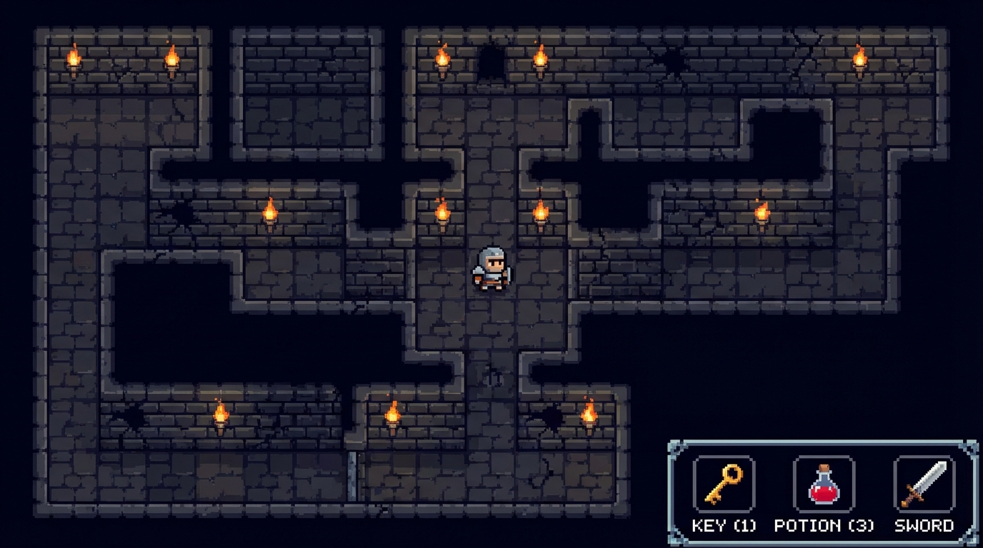 screenshot of a 2D top-down maze game, pixel art, player character at center, inventory bar at bottom right, dark dungeon tileset