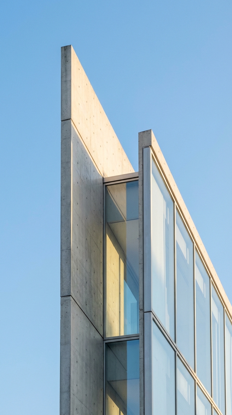 Minimalist architectural photo of a university building detail, concrete and glass, blue sky