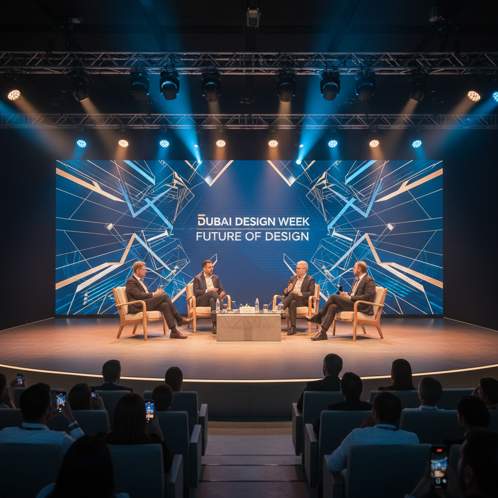 Stage perspective of a design panel talk at Dubai Design Week, modern furniture, audience, professional lighting