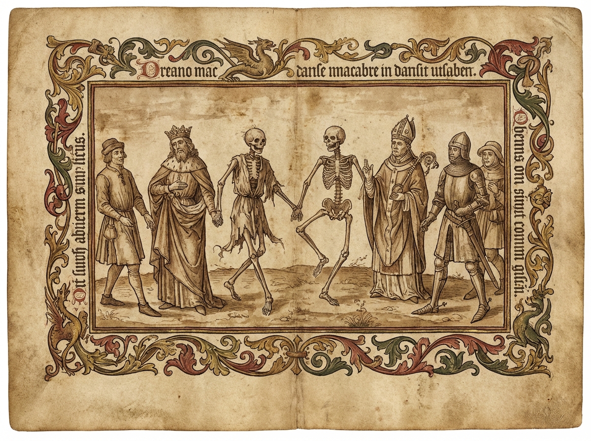 medieval manuscript illustration of the dance of death, danse macabre, skeletons dancing with people, faded ink on parchment style, ornate border