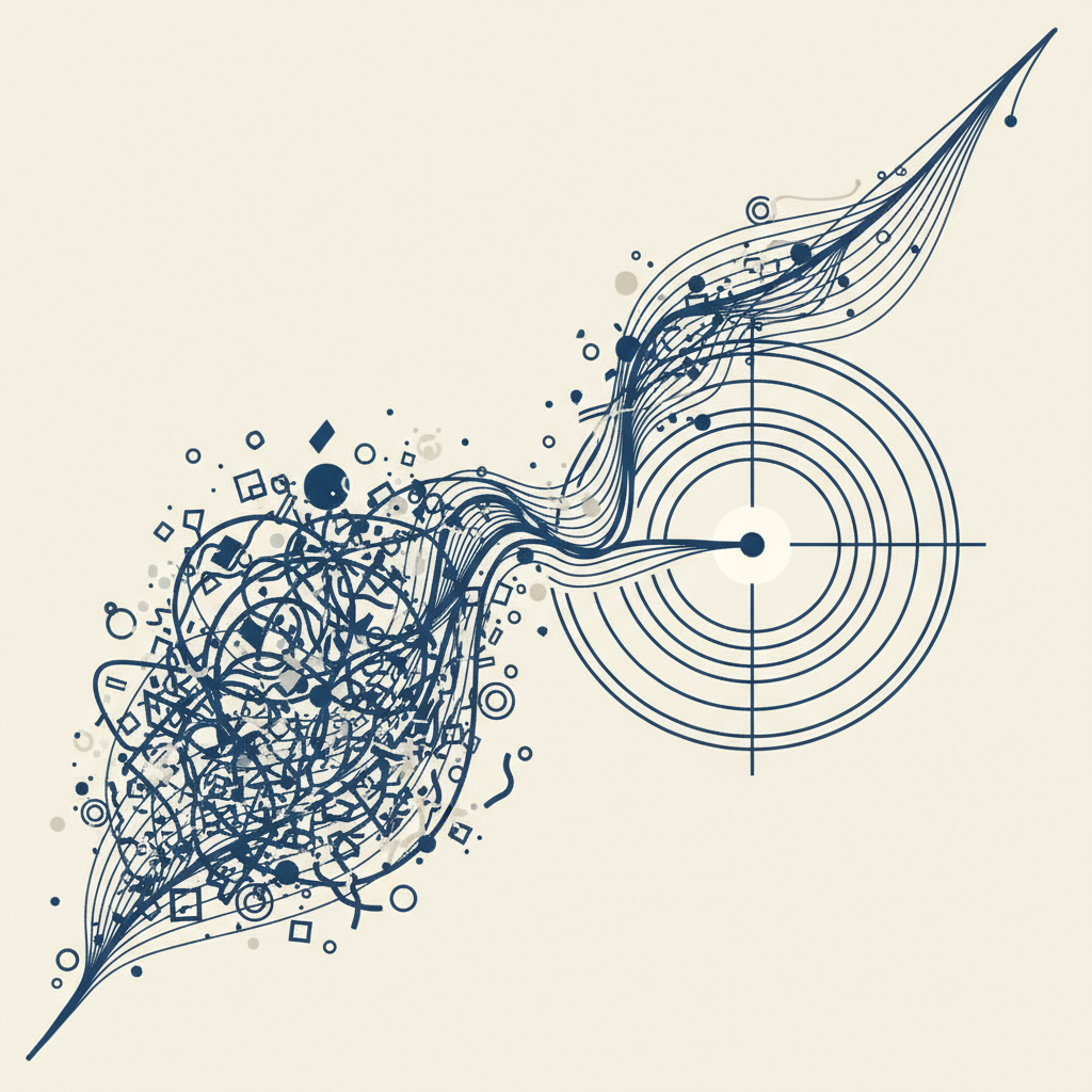 abstract illustration of a divided mind one side chaotic the other focused, minimal line art style, blue and beige colors