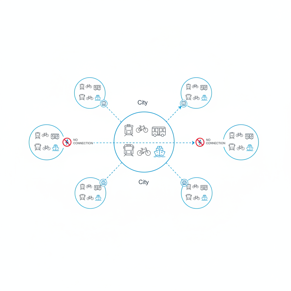 Schematic diagram showing multiple isolated bubbles representing different cities, each containing disconnected transport icons. A specific 'No Connection' icon between the bubbles. Technical architectural diagram style, minimalist blue and grey lines.