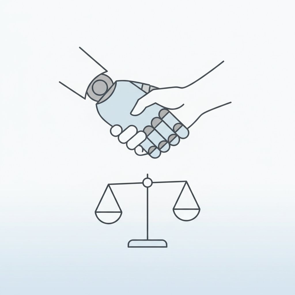 Abstract minimalist illustration of a robotic hand shaking a human hand, balance scale concept, simple lines