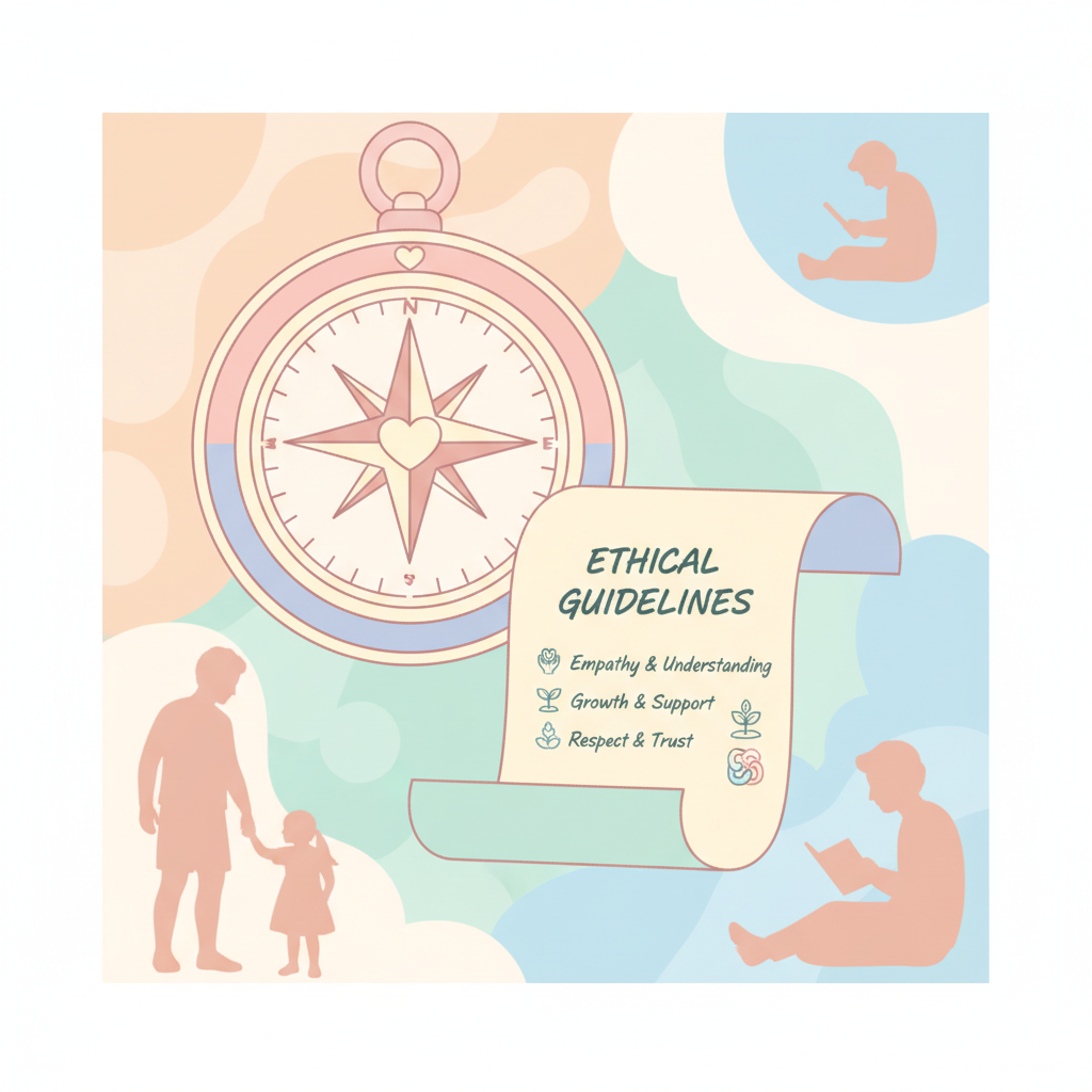 soft warm illustration of a compass and ethical guidelines document, pastel colors, caring parenting atmosphere, vector style