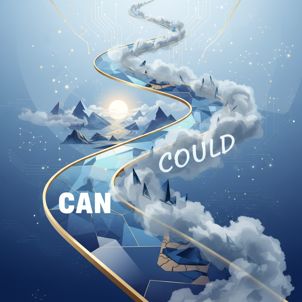 abstract illustration of two paths, one clear (can) and one foggy (could), metaphor for possibility