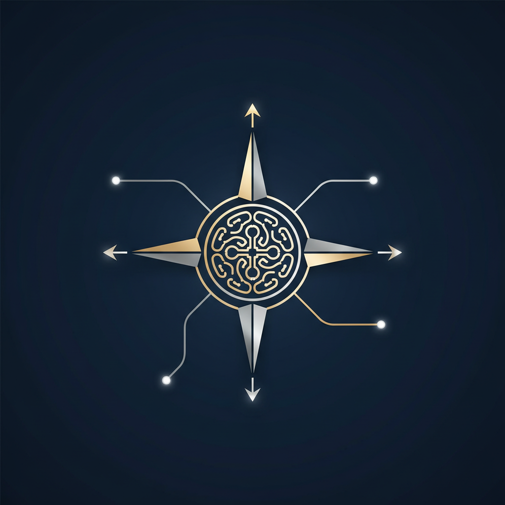 Minimalist modern compass or roadmap graphic on a dark navy blue background, symbolism of direction and strategy, Air France KLM style, corporate art style