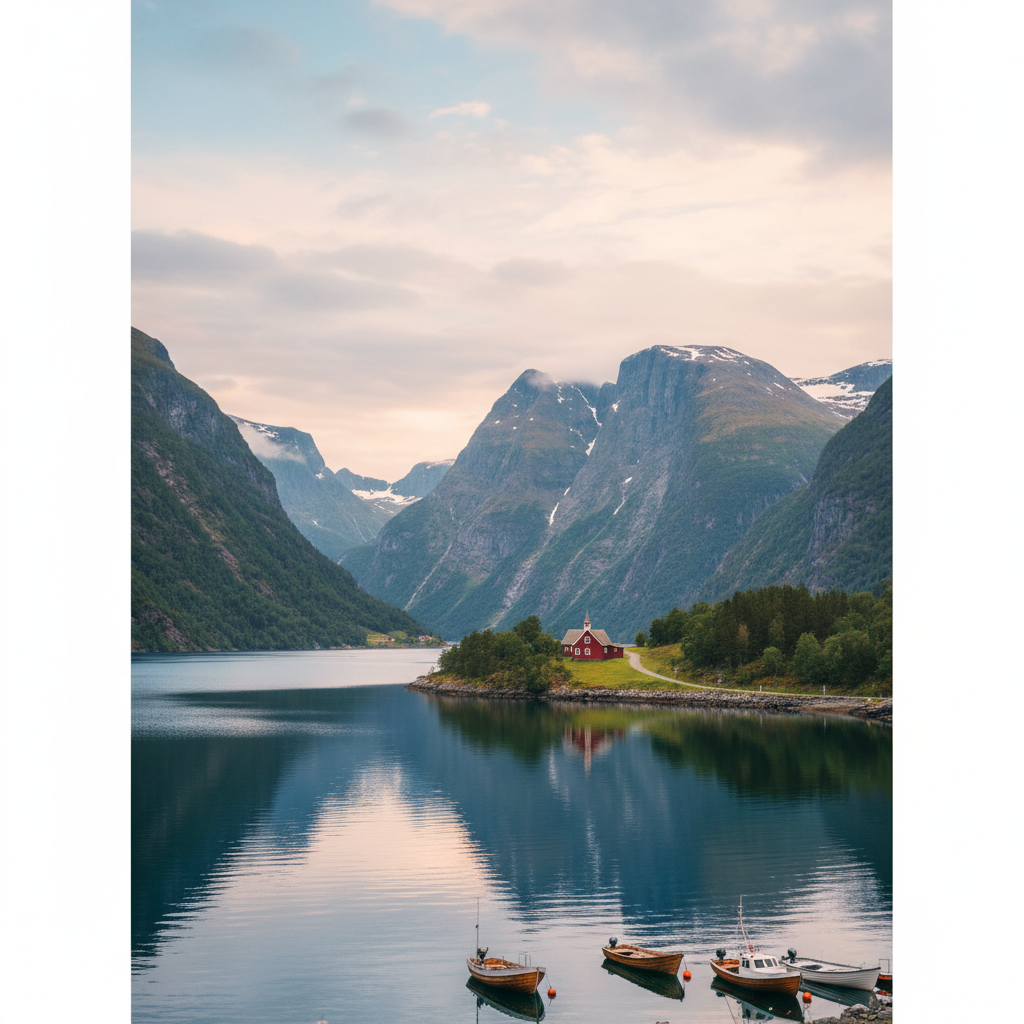 tranquil norwegian fjord landscape with a small red schoolhouse in the distance, inspiring, wide angle, high resolution