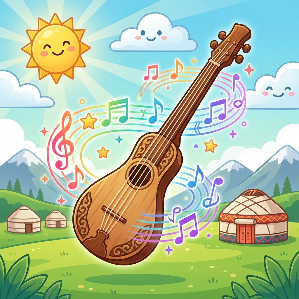 An illustration of a traditional Kyrgyz Komuz instrument floating with magical musical notes in a bright, colorful, kid-friendly vector art style. Sunny background.