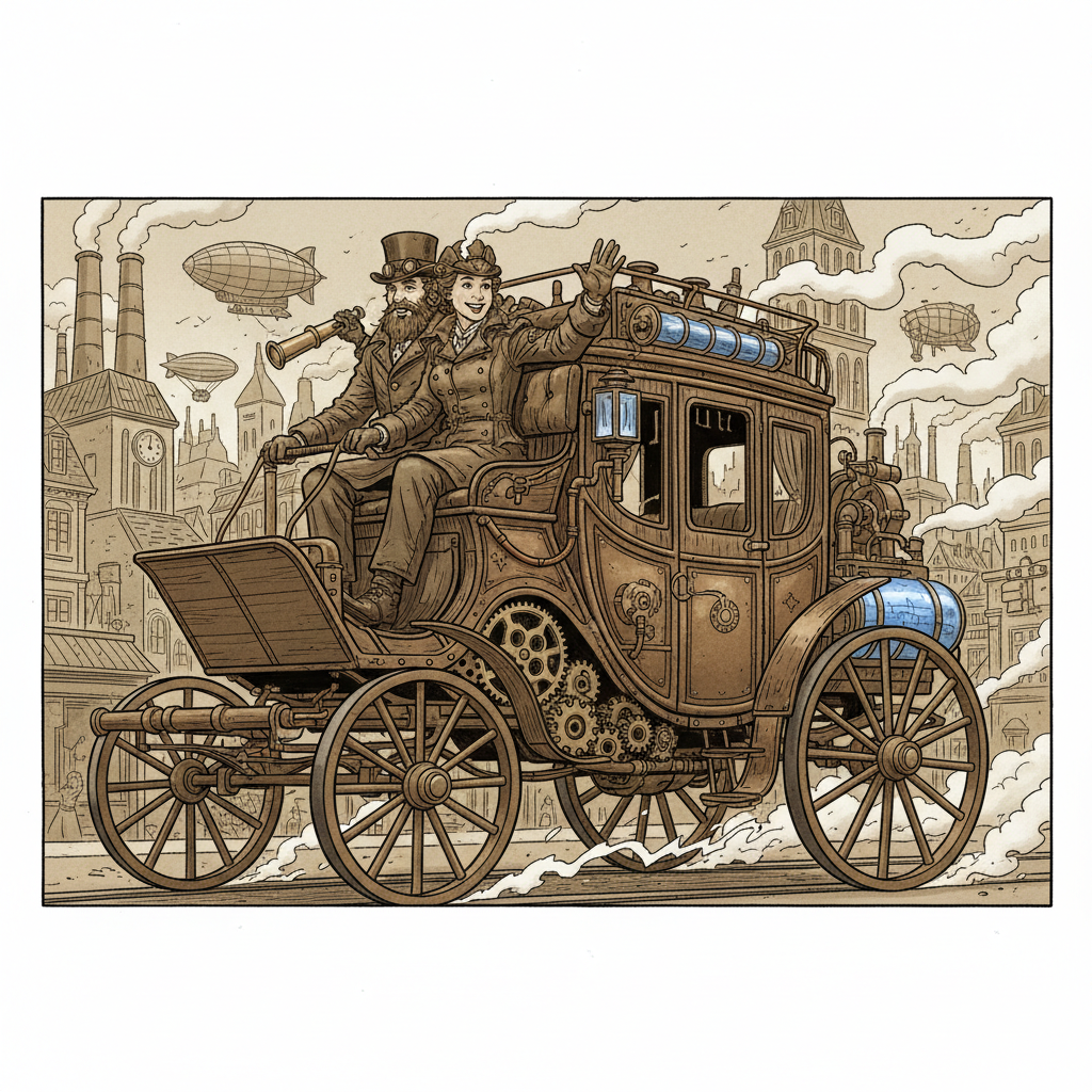 Steampunk style illustration of a primitive Victorian electric carriage from the 1830s, brass gears, steam, comic book style, sepia tones, friendly and adventurous