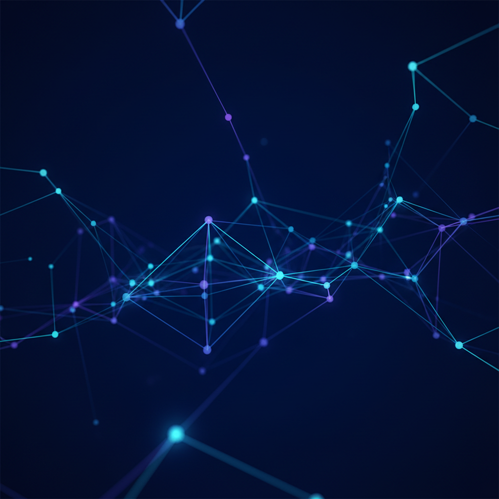 abstract futuristic dark blue background with glowing digital neural network lines connecting nodes, high tech, clean minimalist style, 8k resolution