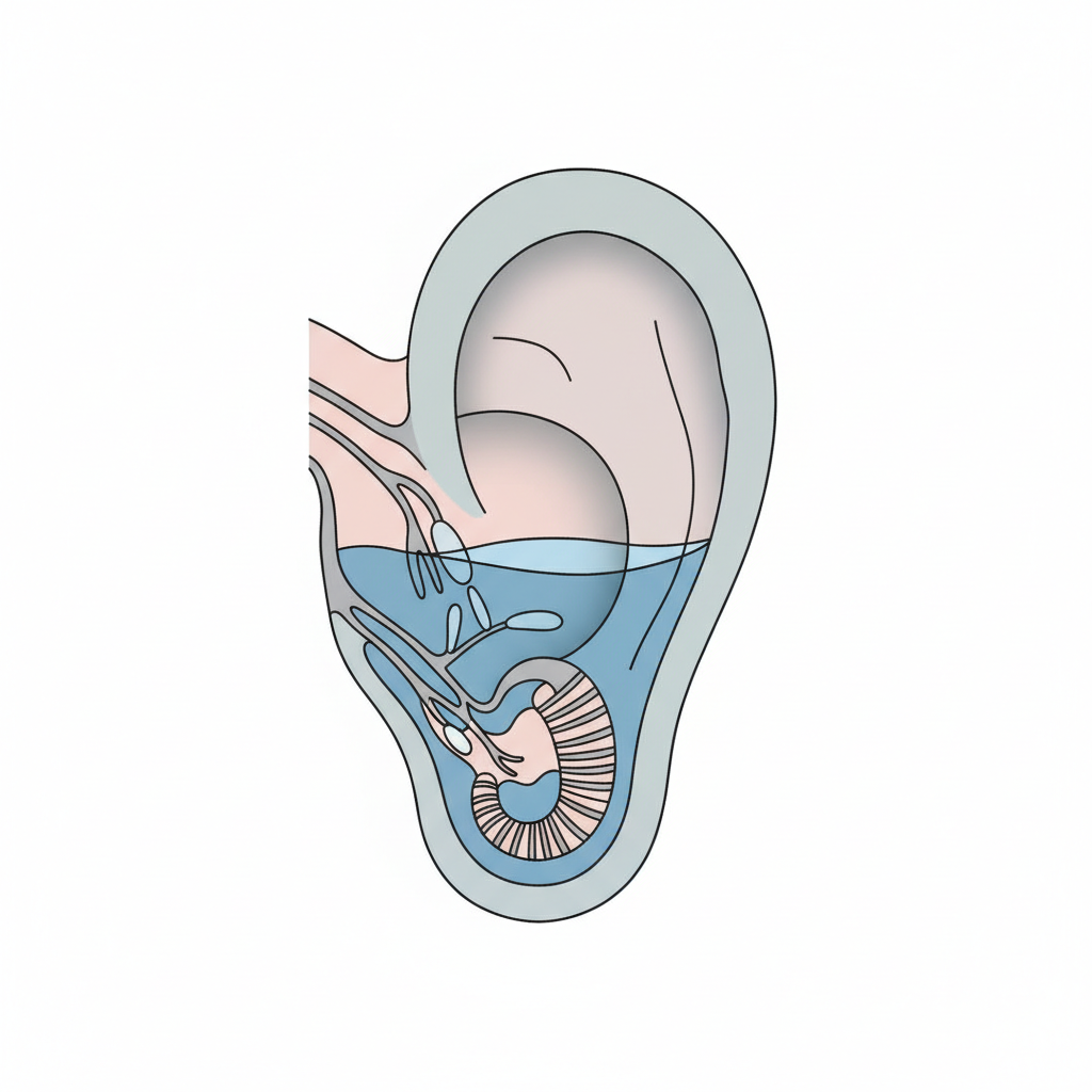 Schematic cross section of ear showing fluid level behind the eardrum, blue liquid accumulation, medical diagram, no text, no labels, no words