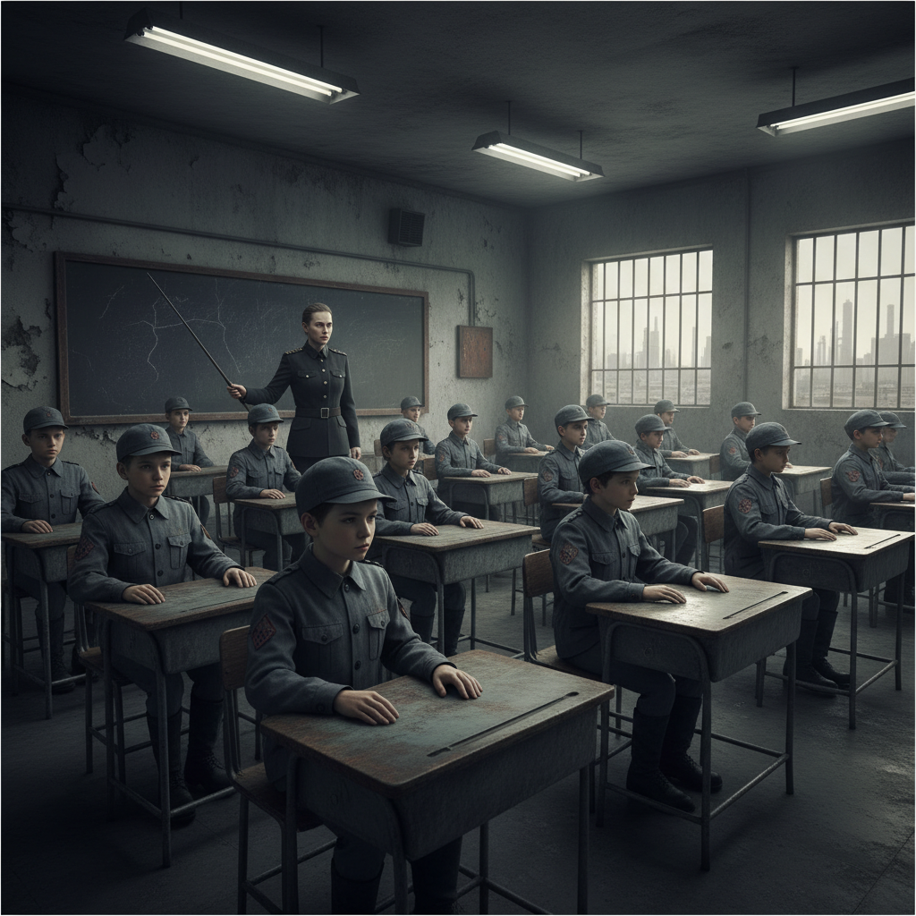 Dystopian classroom scene, students in uniform sitting in rows identical, stern teacher, muted colors