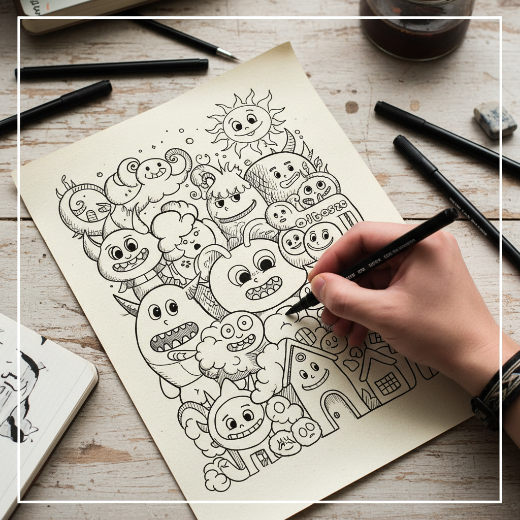 artist hand sketching black ink cartoons on paper close up