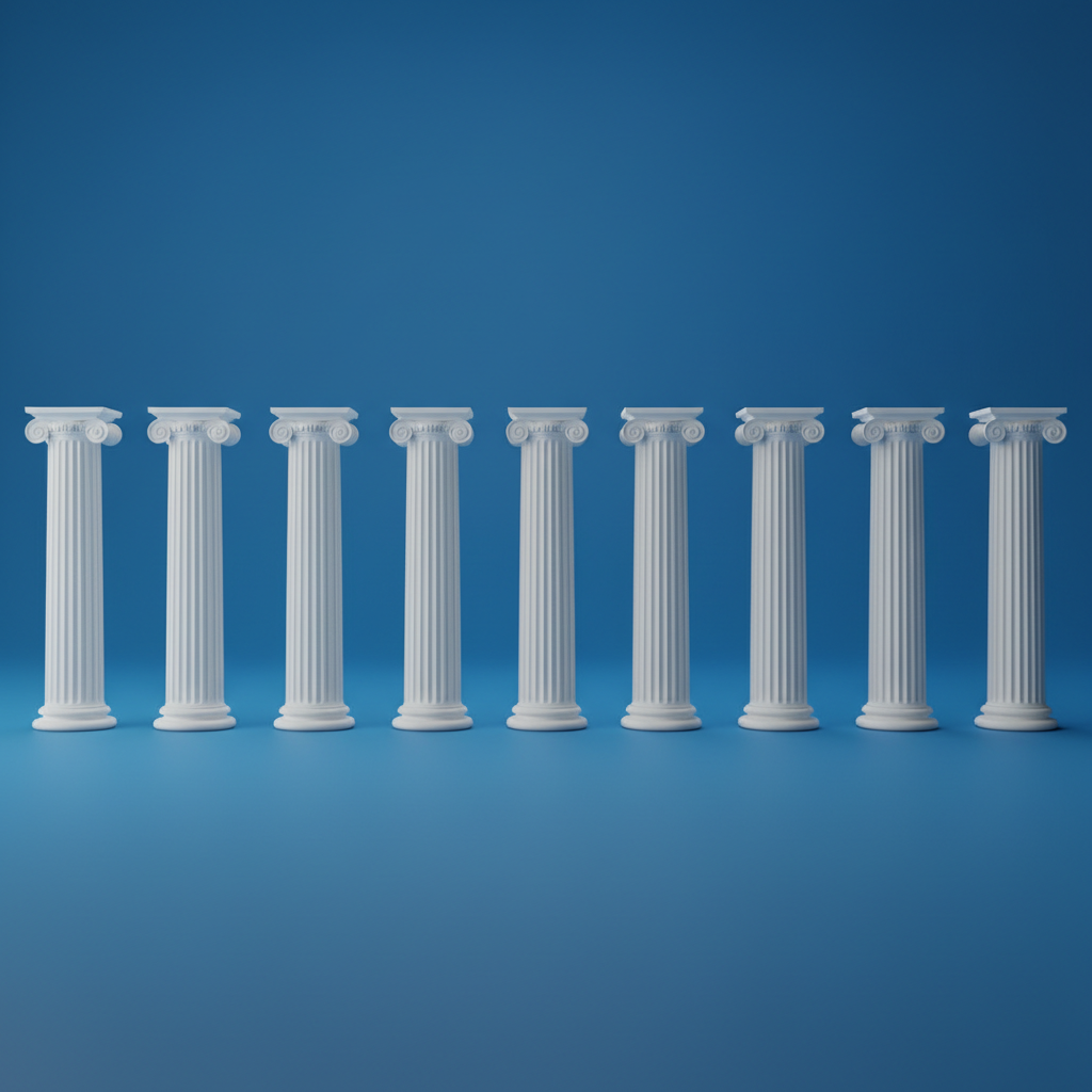 3d render of 8 classical greek pillars standing in a row, white marble, blue background, minimalist infographic style