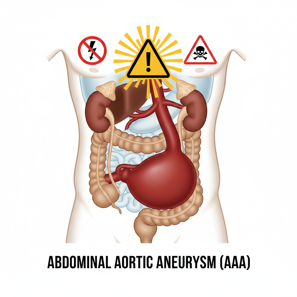 Medical illustration of an Abdominal Aortic Aneurysm (AAA) showing ballooning of the aorta, warning symbols, clean style