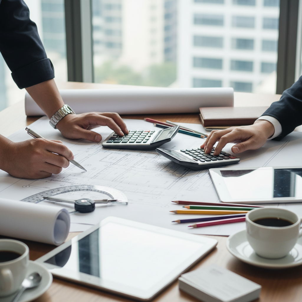 close up of hands working on blueprints and calculators, planning phase, professional business photography