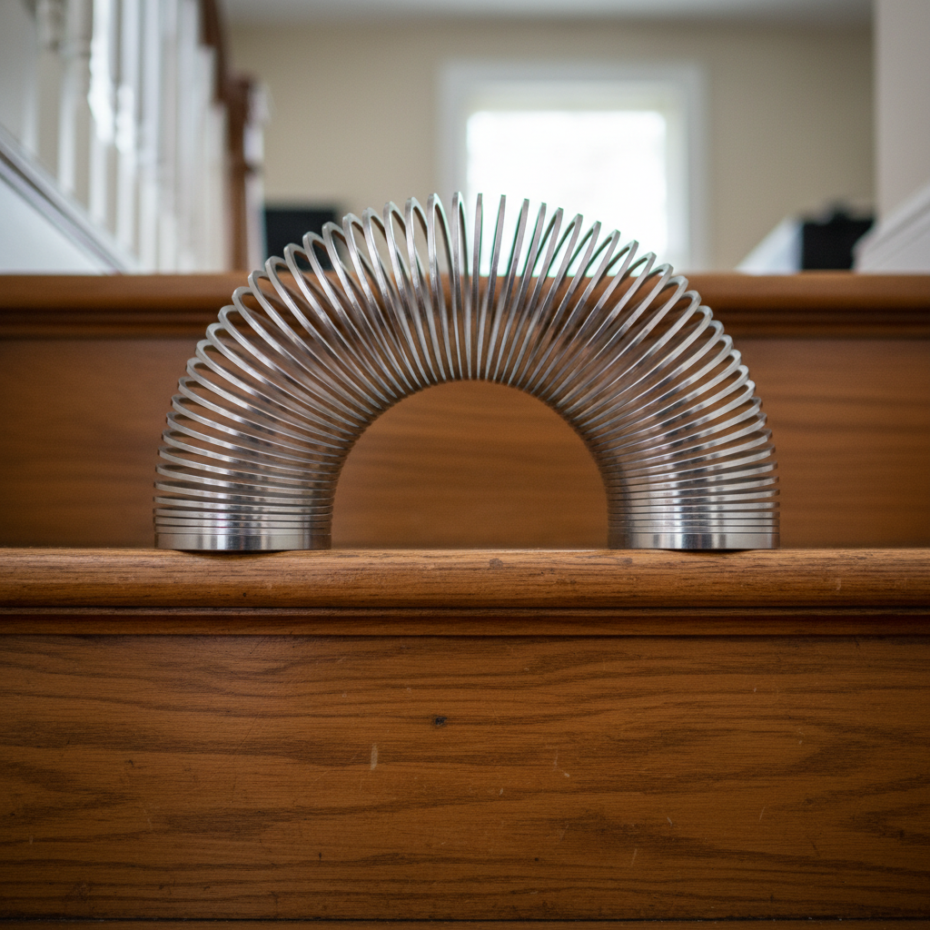 Metal Slinky toy walking down wooden stairs