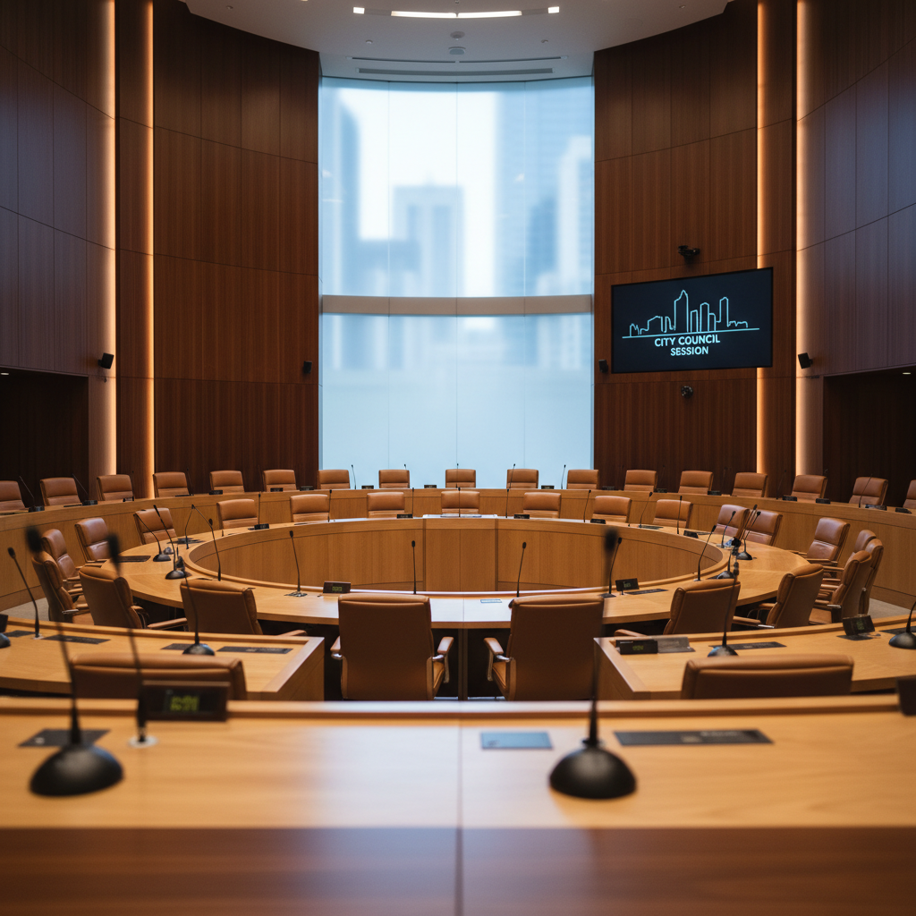 view of a modern city council meeting room or parliament with microphones, wood paneling, depth of field