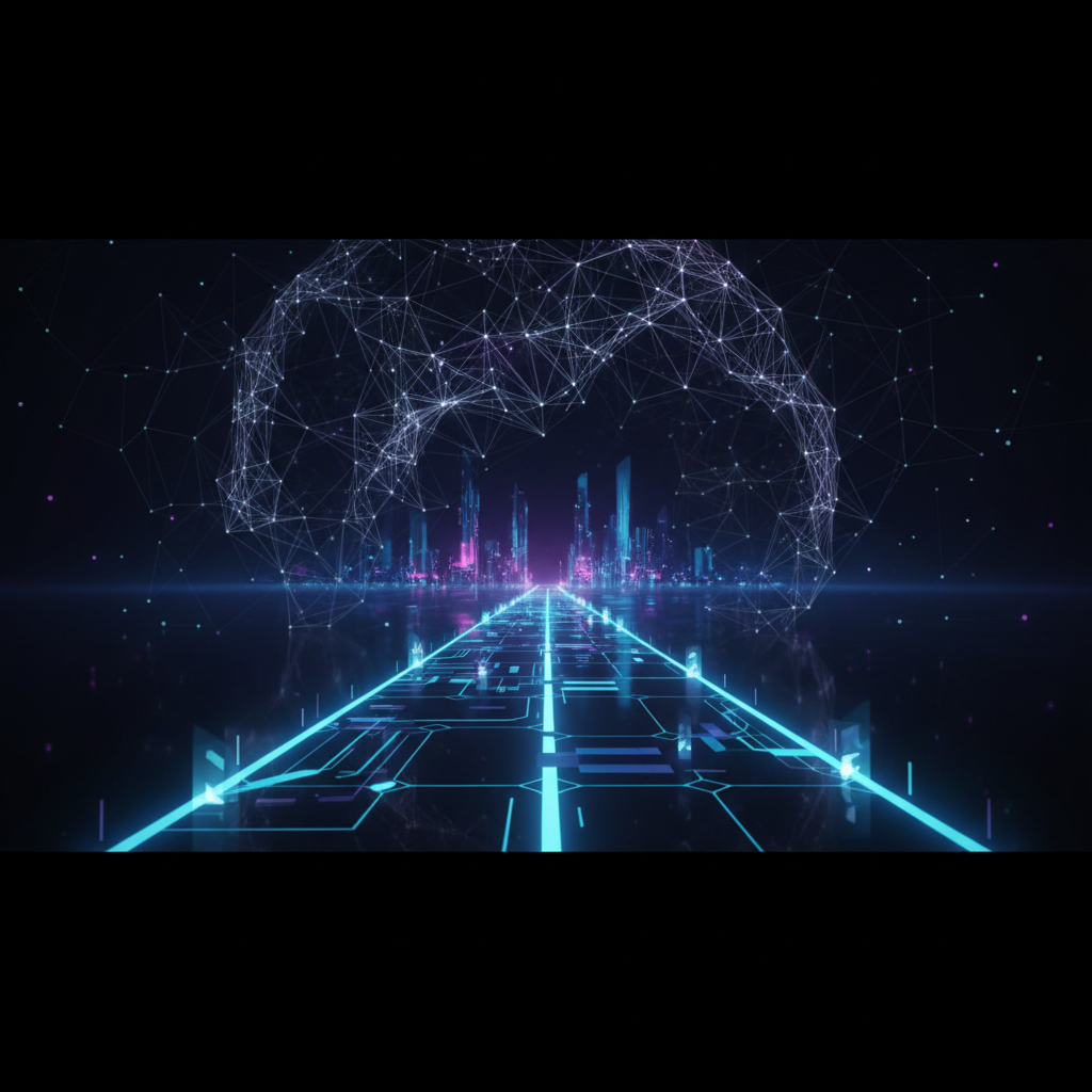 futuristic glowing timeline road, digital horizon, ai brain neural network concept overlay, minimalist dark style